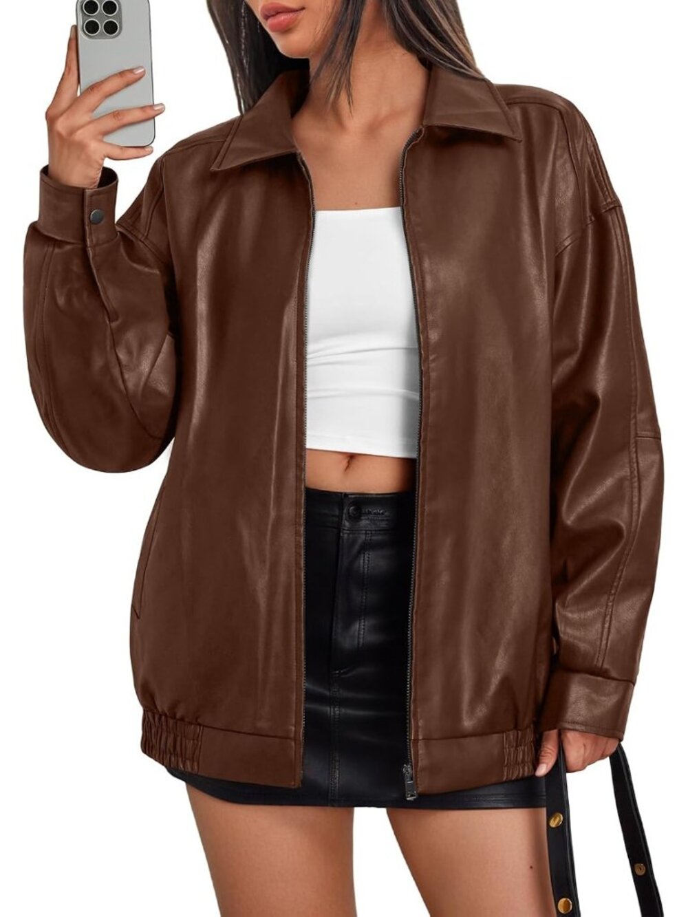 Women’s Caramel Oversized Faux Leather Motorcycle Moto Biker Jacket